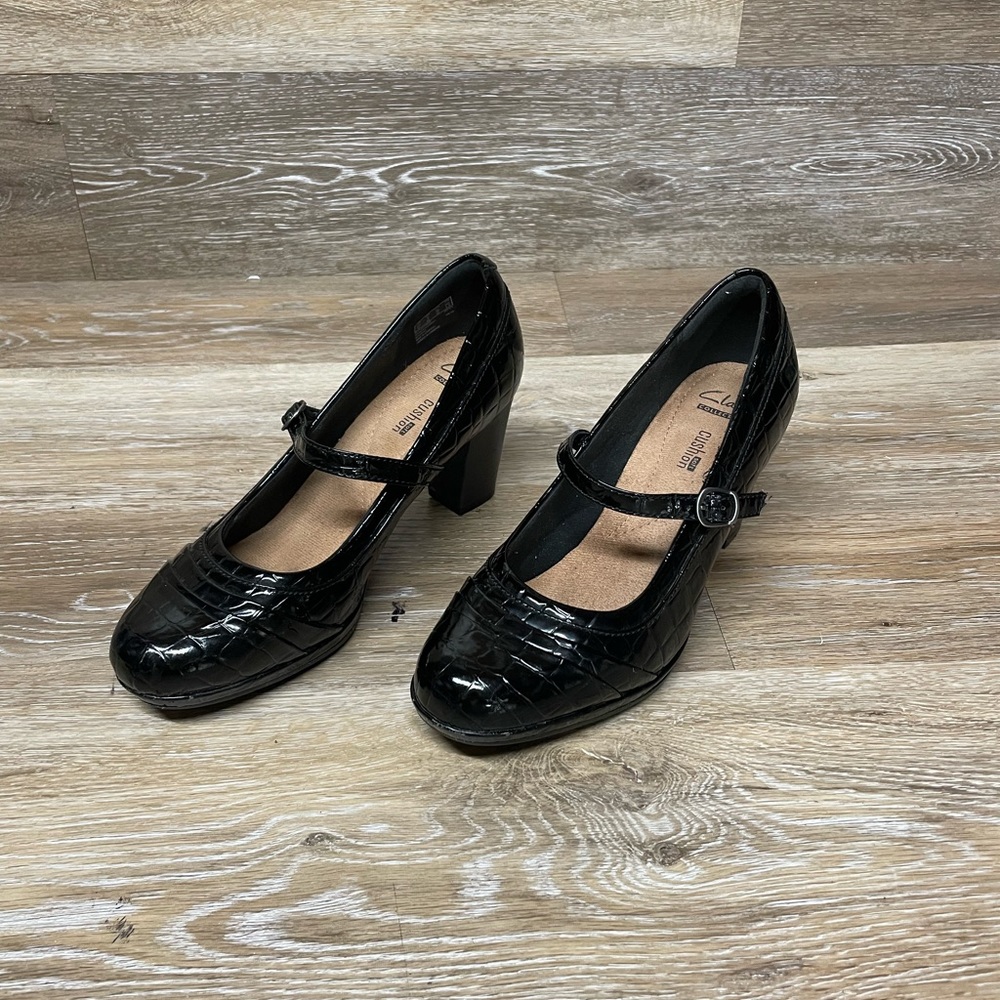 Clarks Womens Black Croc-Embossed Mary Jane Espadrille Heels
